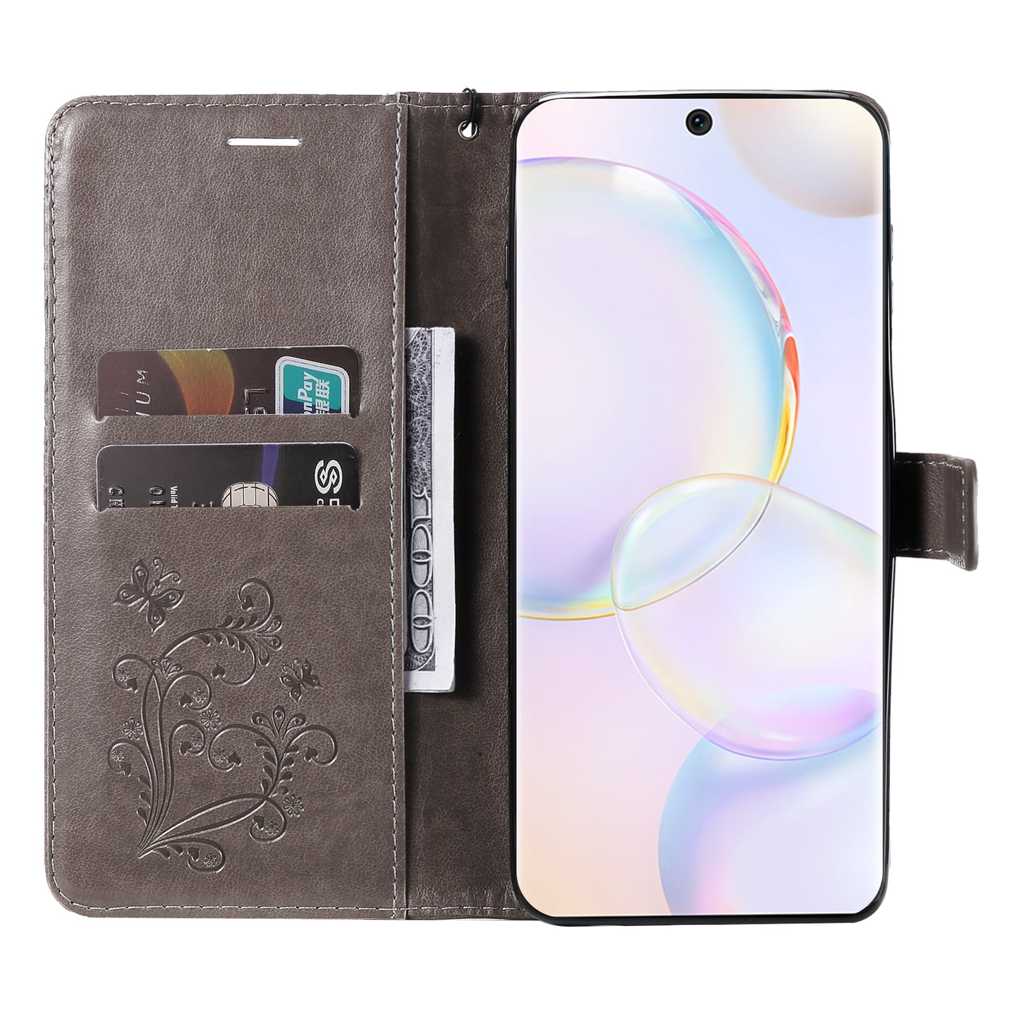 KT Imprinting Flower Series-2 PU Leather Magnetic Flip Wallet Case Stand Imprinted Butterfly Pattern Full Body Protective Cover with Strap for Honor 50 5G / Huawei nova 9