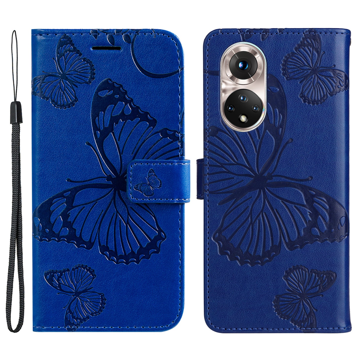 KT Imprinting Flower Series-2 PU Leather Magnetic Flip Wallet Case Stand Imprinted Butterfly Pattern Full Body Protective Cover with Strap for Honor 50 5G / Huawei nova 9