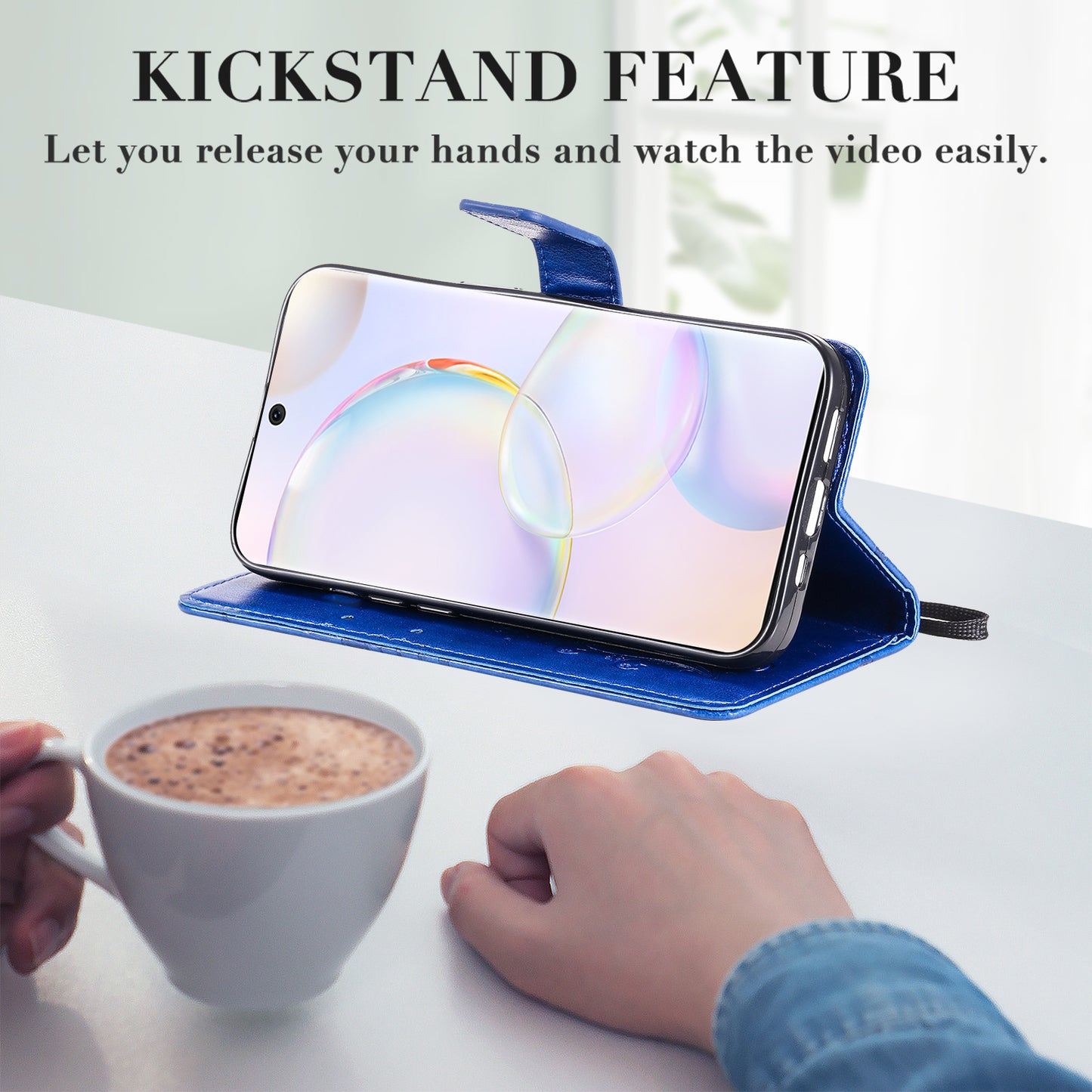 KT Imprinting Flower Series-2 PU Leather Magnetic Flip Wallet Case Stand Imprinted Butterfly Pattern Full Body Protective Cover with Strap for Honor 50 5G / Huawei nova 9