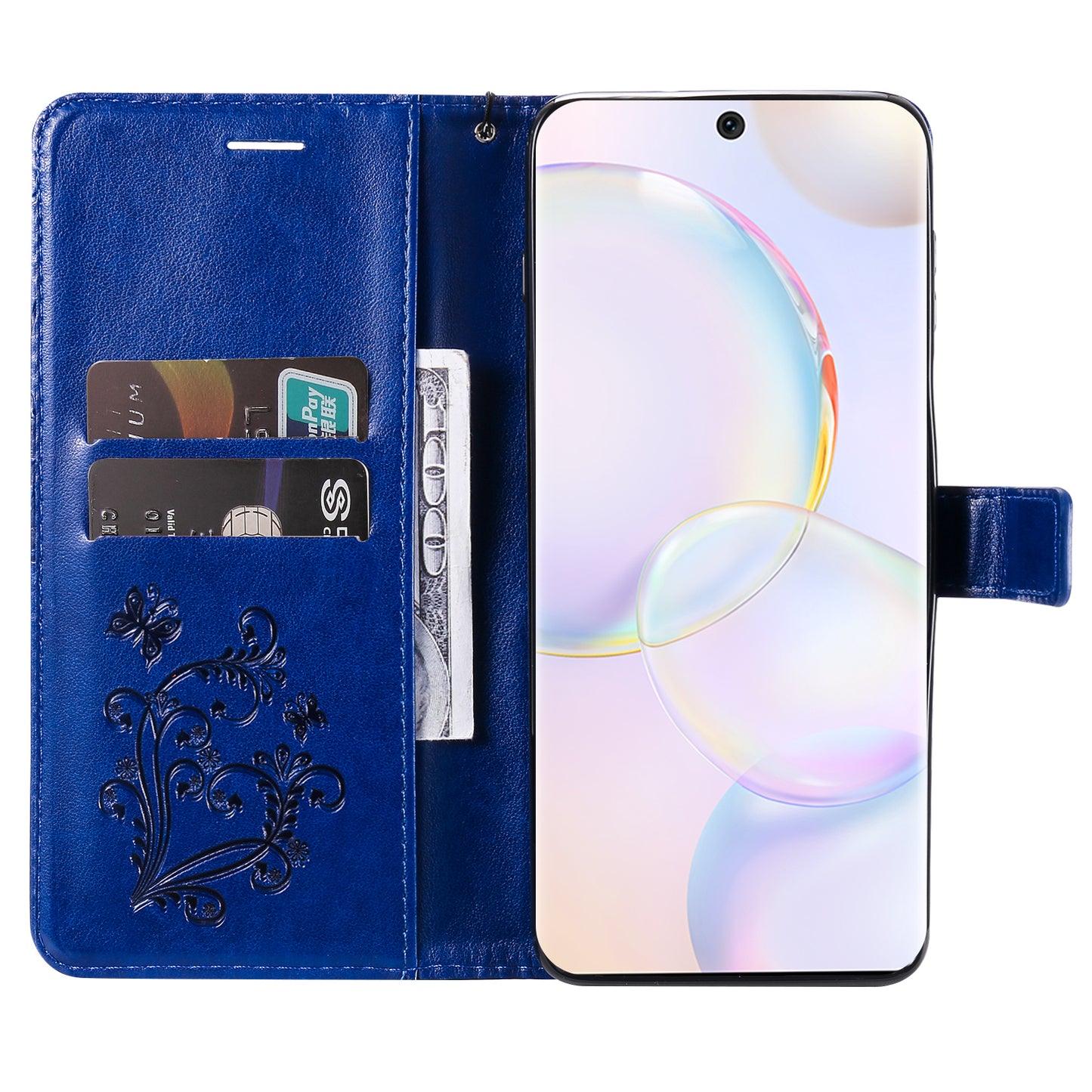 KT Imprinting Flower Series-2 PU Leather Magnetic Flip Wallet Case Stand Imprinted Butterfly Pattern Full Body Protective Cover with Strap for Honor 50 5G / Huawei nova 9