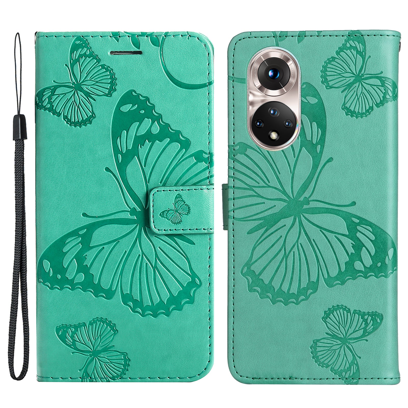 KT Imprinting Flower Series-2 PU Leather Magnetic Flip Wallet Case Stand Imprinted Butterfly Pattern Full Body Protective Cover with Strap for Honor 50 5G / Huawei nova 9