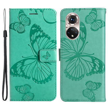 KT Imprinting Flower Series-2 PU Leather Magnetic Flip Wallet Case Stand Imprinted Butterfly Pattern Full Body Protective Cover with Strap for Honor 50 5G / Huawei nova 9