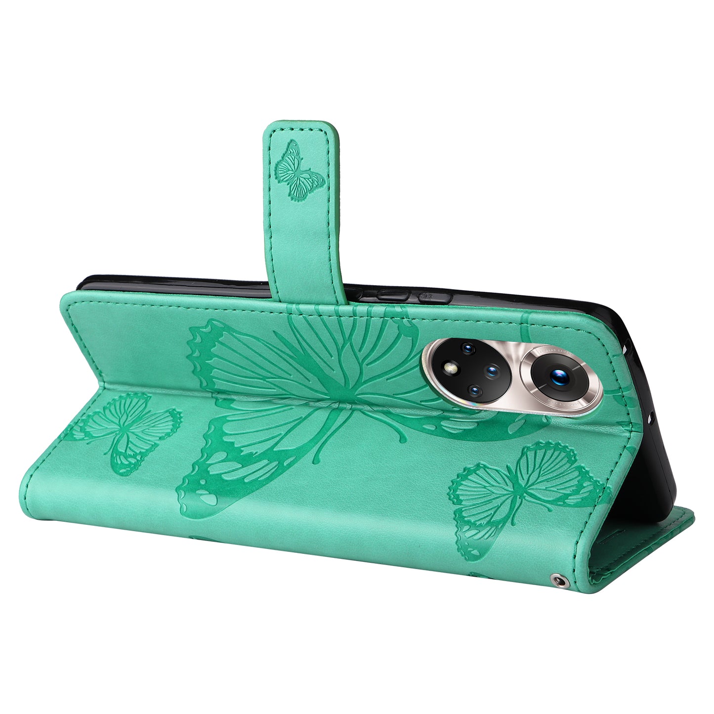 KT Imprinting Flower Series-2 PU Leather Magnetic Flip Wallet Case Stand Imprinted Butterfly Pattern Full Body Protective Cover with Strap for Honor 50 5G / Huawei nova 9