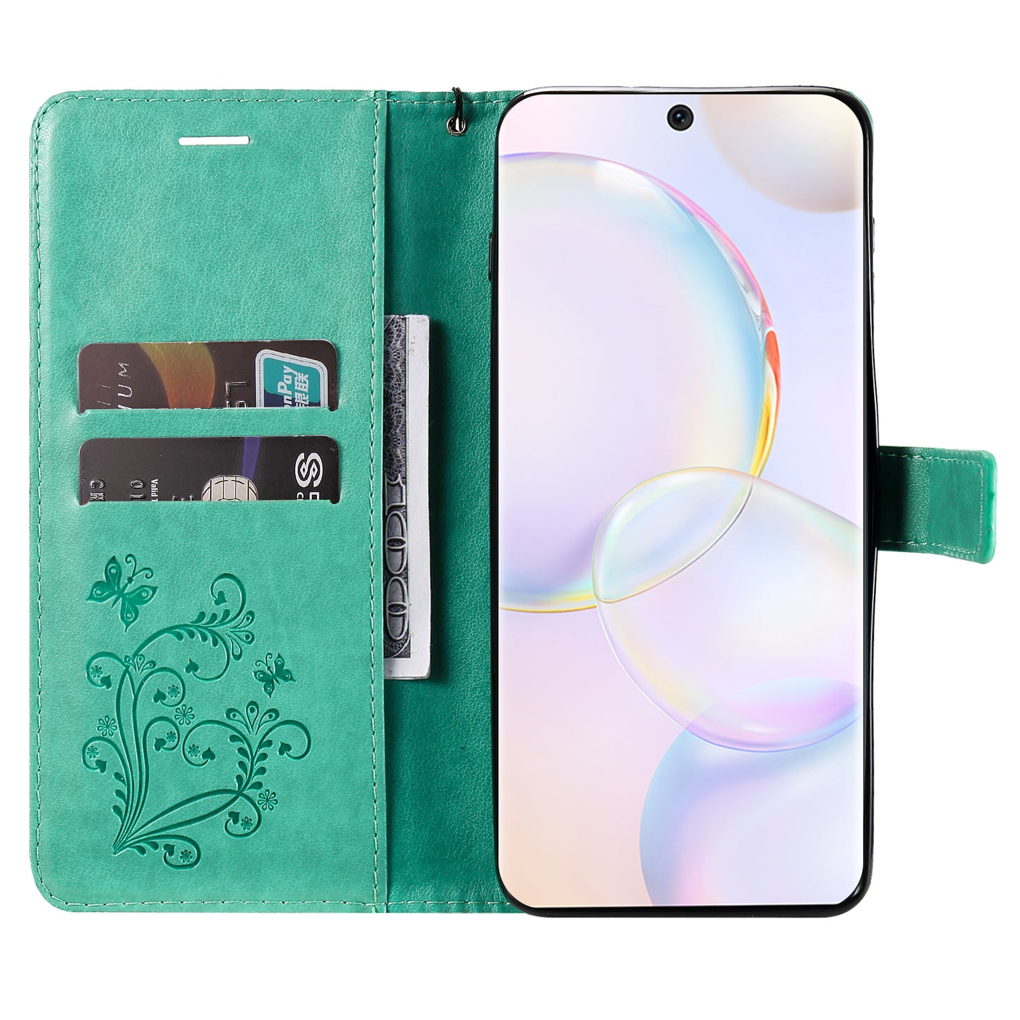 KT Imprinting Flower Series-2 PU Leather Magnetic Flip Wallet Case Stand Imprinted Butterfly Pattern Full Body Protective Cover with Strap for Honor 50 5G / Huawei nova 9