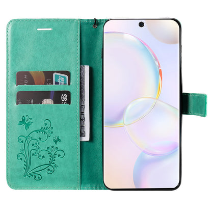 KT Imprinting Flower Series-2 PU Leather Magnetic Flip Wallet Case Stand Imprinted Butterfly Pattern Full Body Protective Cover with Strap for Honor 50 5G / Huawei nova 9
