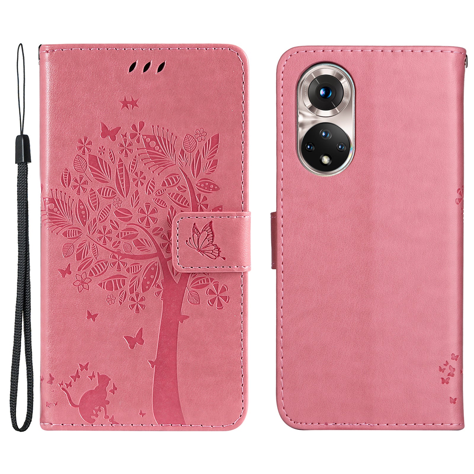 KT Imprinting Flower Series-3 Cat and Tree Pattern Imprinted Wallet Flip Cover PU Leather Stand Magnetic Clasp Shockproof Protection Case for Huawei nova 9 / Honor 50