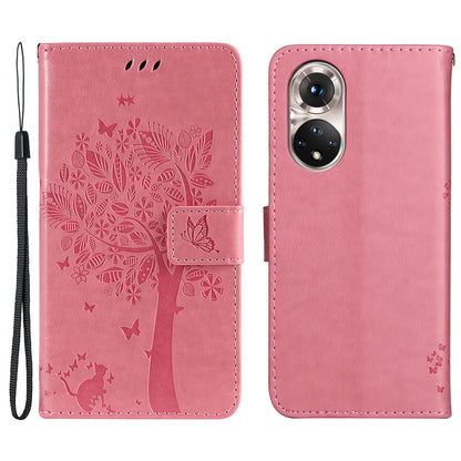 KT Imprinting Flower Series-3 Cat and Tree Pattern Imprinted Wallet Flip Cover PU Leather Stand Magnetic Clasp Shockproof Protection Case for Huawei nova 9 / Honor 50