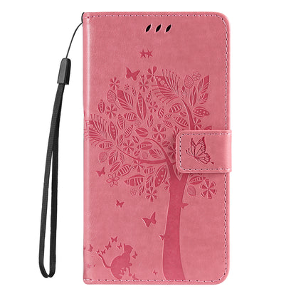 KT Imprinting Flower Series-3 Cat and Tree Pattern Imprinted Wallet Flip Cover PU Leather Stand Magnetic Clasp Shockproof Protection Case for Huawei nova 9 / Honor 50