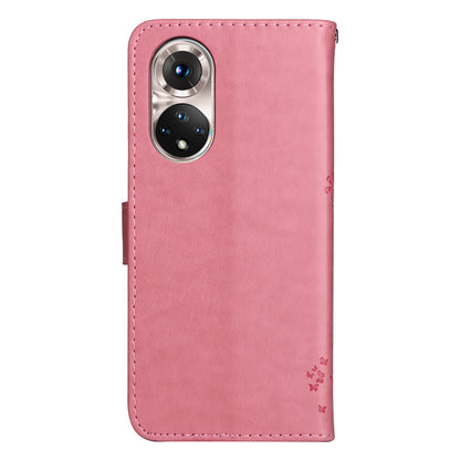 KT Imprinting Flower Series-3 Cat and Tree Pattern Imprinted Wallet Flip Cover PU Leather Stand Magnetic Clasp Shockproof Protection Case for Huawei nova 9 / Honor 50