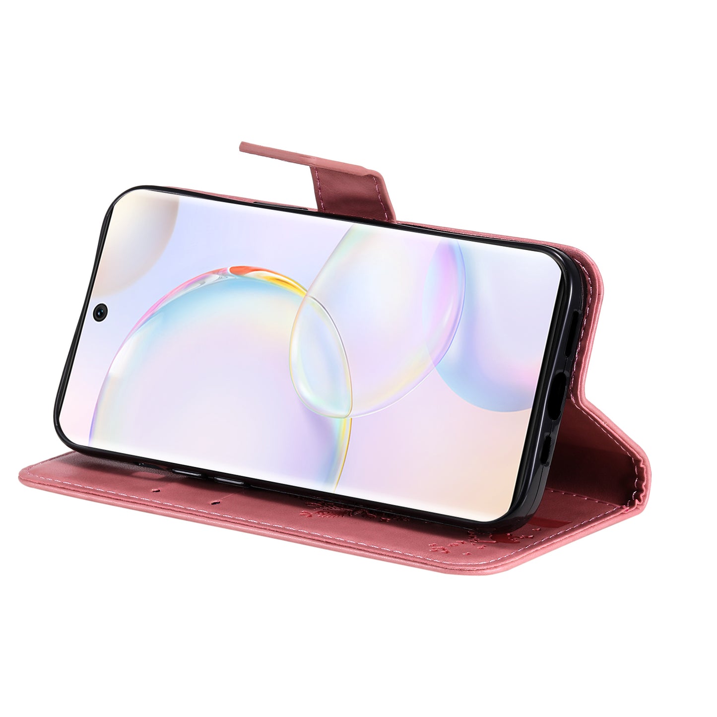 KT Imprinting Flower Series-3 Cat and Tree Pattern Imprinted Wallet Flip Cover PU Leather Stand Magnetic Clasp Shockproof Protection Case for Huawei nova 9 / Honor 50