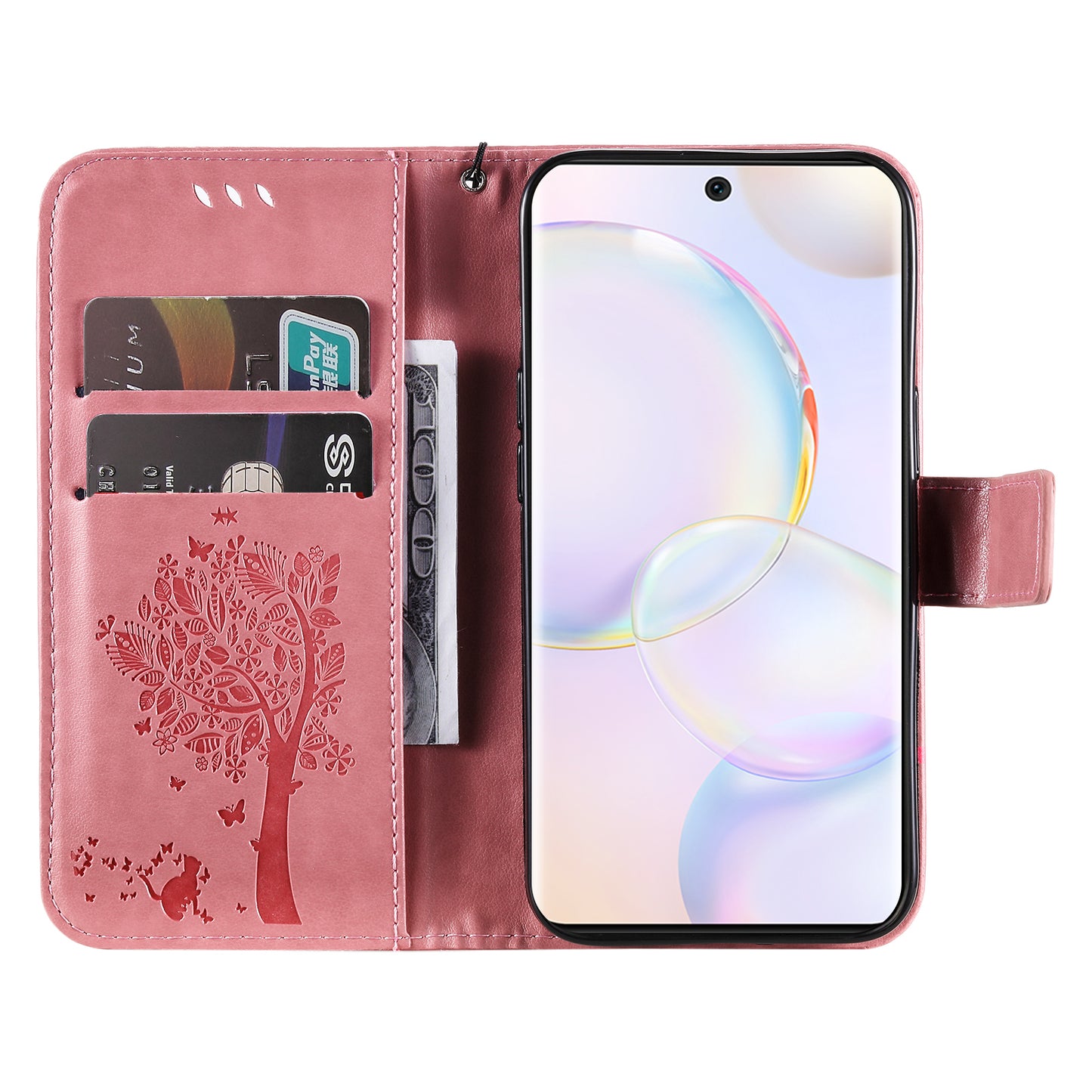 KT Imprinting Flower Series-3 Cat and Tree Pattern Imprinted Wallet Flip Cover PU Leather Stand Magnetic Clasp Shockproof Protection Case for Huawei nova 9 / Honor 50