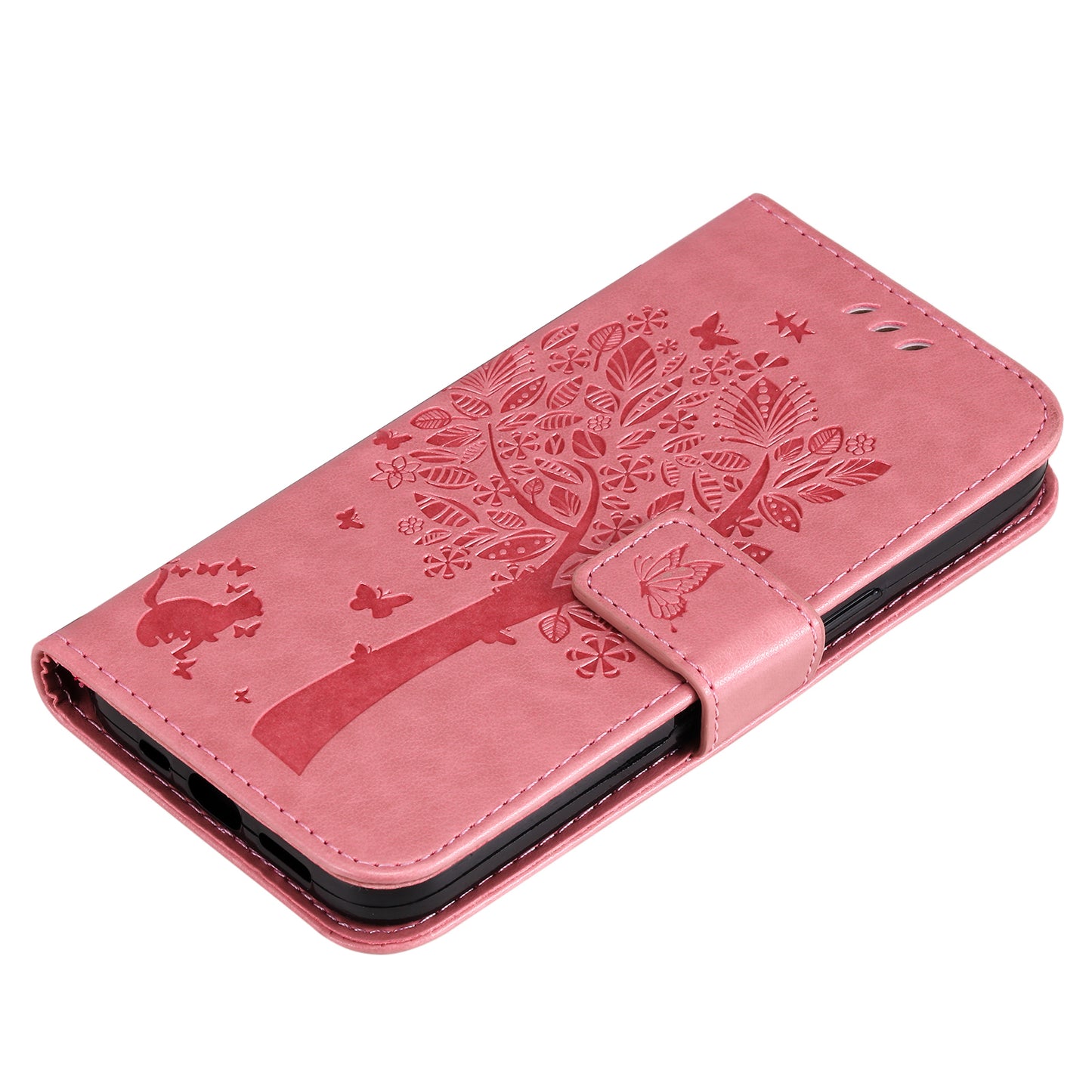 KT Imprinting Flower Series-3 Cat and Tree Pattern Imprinted Wallet Flip Cover PU Leather Stand Magnetic Clasp Shockproof Protection Case for Huawei nova 9 / Honor 50