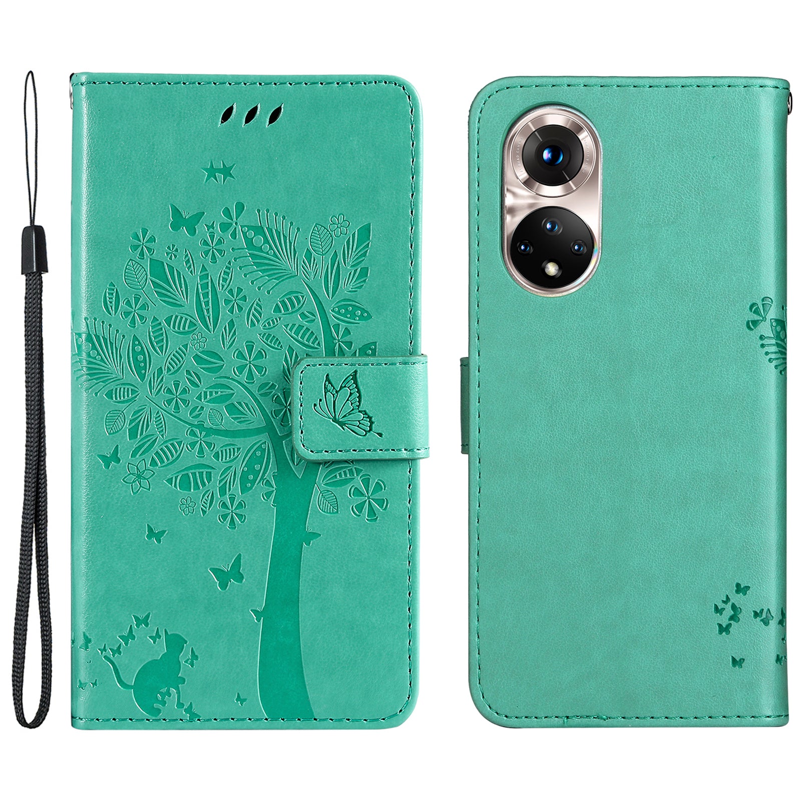 KT Imprinting Flower Series-3 Cat and Tree Pattern Imprinted Wallet Flip Cover PU Leather Stand Magnetic Clasp Shockproof Protection Case for Huawei nova 9 / Honor 50