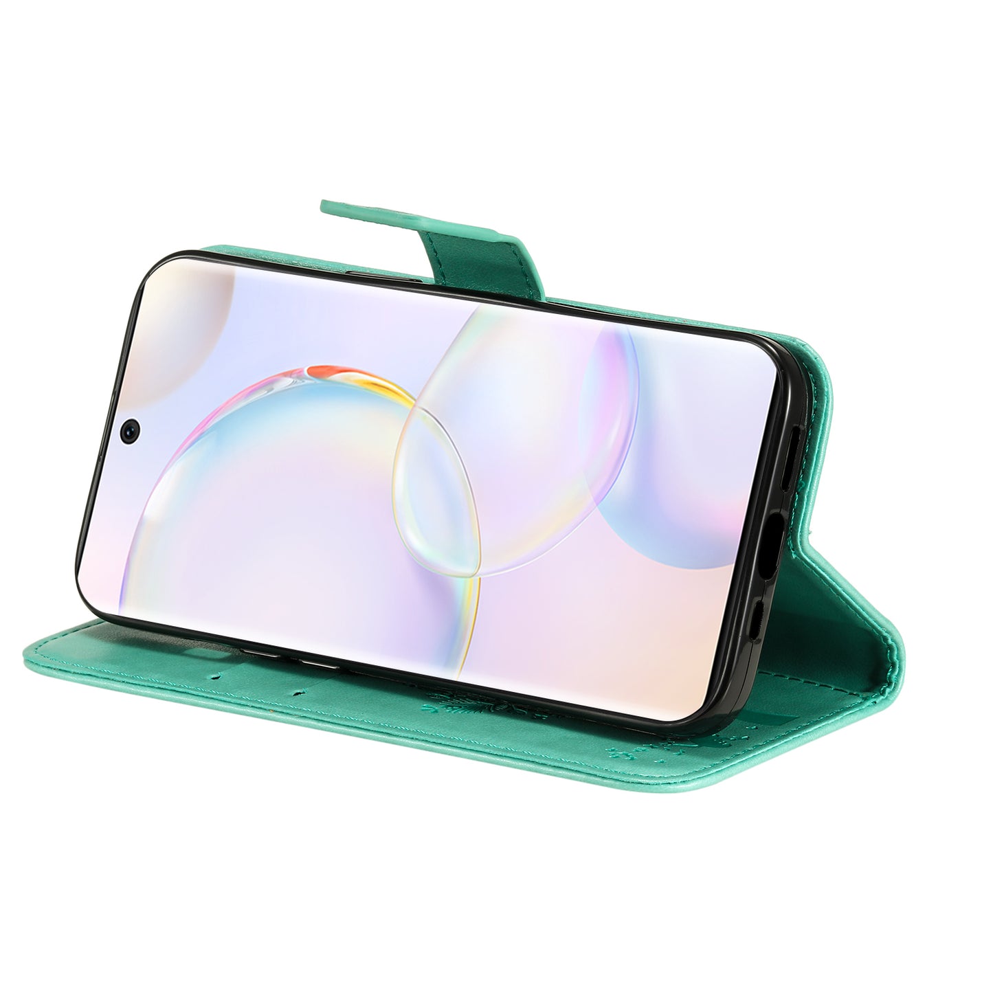 KT Imprinting Flower Series-3 Cat and Tree Pattern Imprinted Wallet Flip Cover PU Leather Stand Magnetic Clasp Shockproof Protection Case for Huawei nova 9 / Honor 50