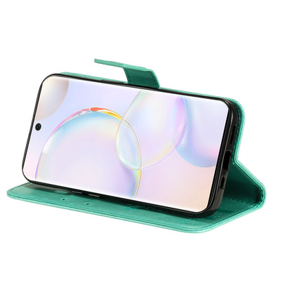 KT Imprinting Flower Series-3 Cat and Tree Pattern Imprinted Wallet Flip Cover PU Leather Stand Magnetic Clasp Shockproof Protection Case for Huawei nova 9 / Honor 50