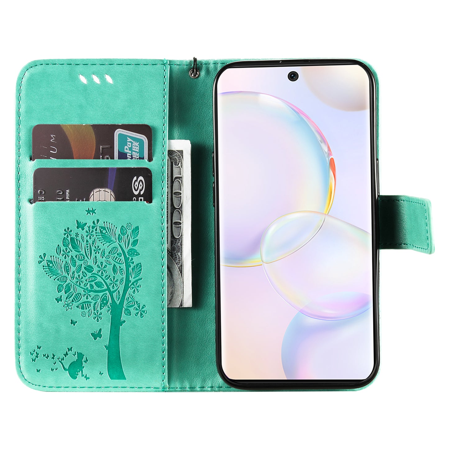KT Imprinting Flower Series-3 Cat and Tree Pattern Imprinted Wallet Flip Cover PU Leather Stand Magnetic Clasp Shockproof Protection Case for Huawei nova 9 / Honor 50