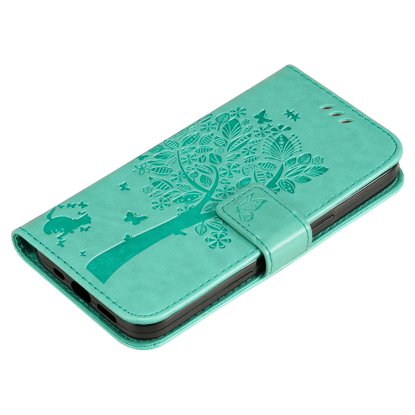 KT Imprinting Flower Series-3 Cat and Tree Pattern Imprinted Wallet Flip Cover PU Leather Stand Magnetic Clasp Shockproof Protection Case for Huawei nova 9 / Honor 50