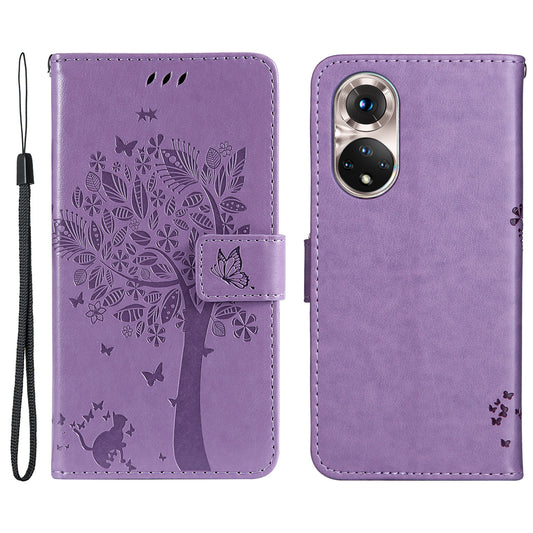 KT Imprinting Flower Series-3 Cat and Tree Pattern Imprinted Wallet Flip Cover PU Leather Stand Magnetic Clasp Shockproof Protection Case for Huawei nova 9 / Honor 50