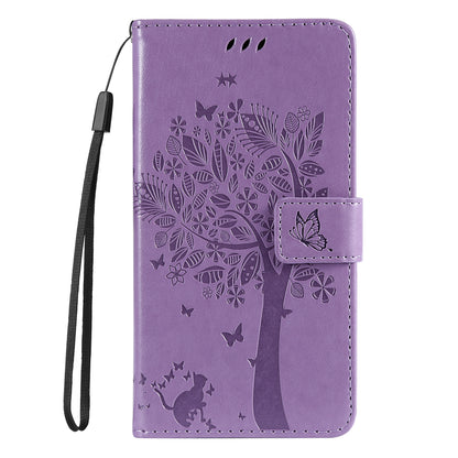 KT Imprinting Flower Series-3 Cat and Tree Pattern Imprinted Wallet Flip Cover PU Leather Stand Magnetic Clasp Shockproof Protection Case for Huawei nova 9 / Honor 50