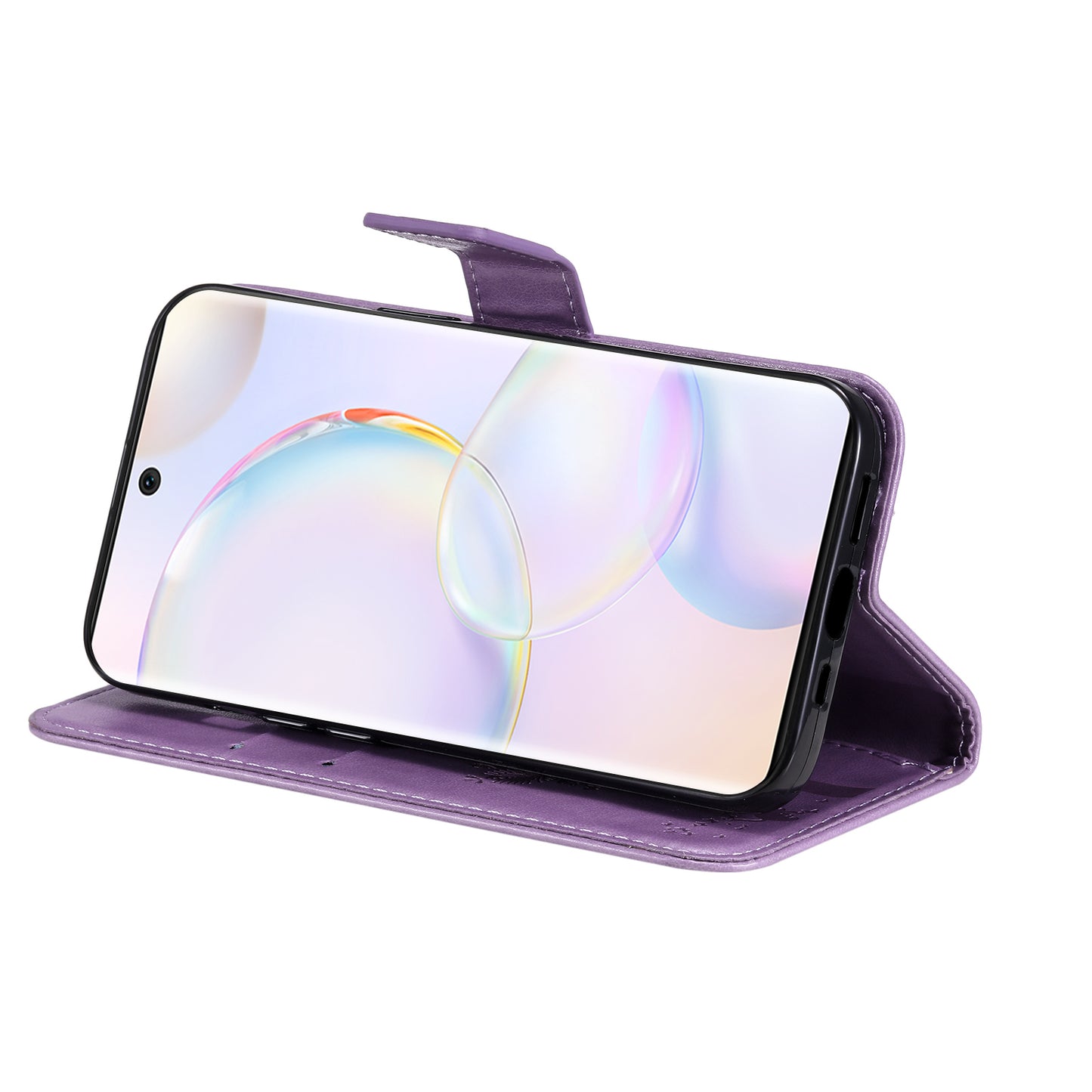 KT Imprinting Flower Series-3 Cat and Tree Pattern Imprinted Wallet Flip Cover PU Leather Stand Magnetic Clasp Shockproof Protection Case for Huawei nova 9 / Honor 50