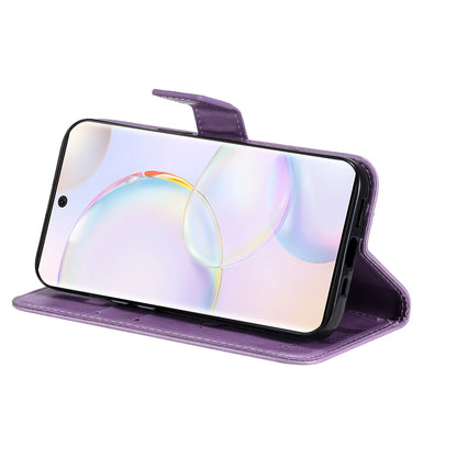 KT Imprinting Flower Series-3 Cat and Tree Pattern Imprinted Wallet Flip Cover PU Leather Stand Magnetic Clasp Shockproof Protection Case for Huawei nova 9 / Honor 50