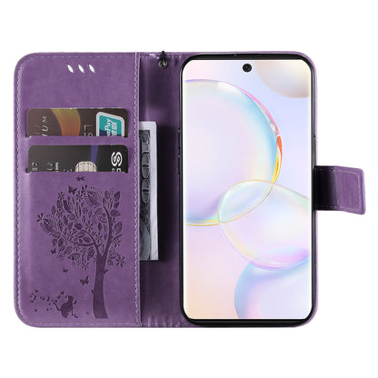 KT Imprinting Flower Series-3 Cat and Tree Pattern Imprinted Wallet Flip Cover PU Leather Stand Magnetic Clasp Shockproof Protection Case for Huawei nova 9 / Honor 50