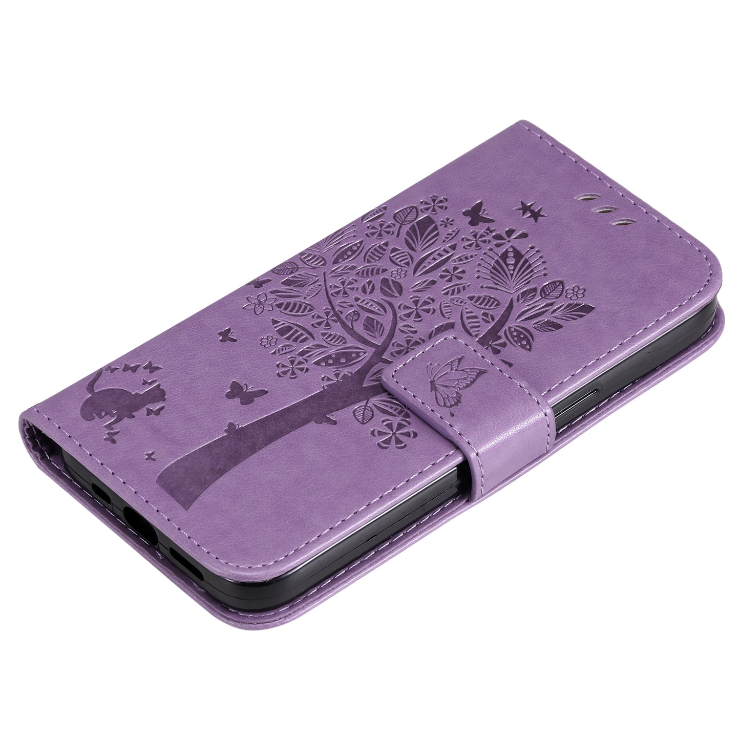 KT Imprinting Flower Series-3 Cat and Tree Pattern Imprinted Wallet Flip Cover PU Leather Stand Magnetic Clasp Shockproof Protection Case for Huawei nova 9 / Honor 50