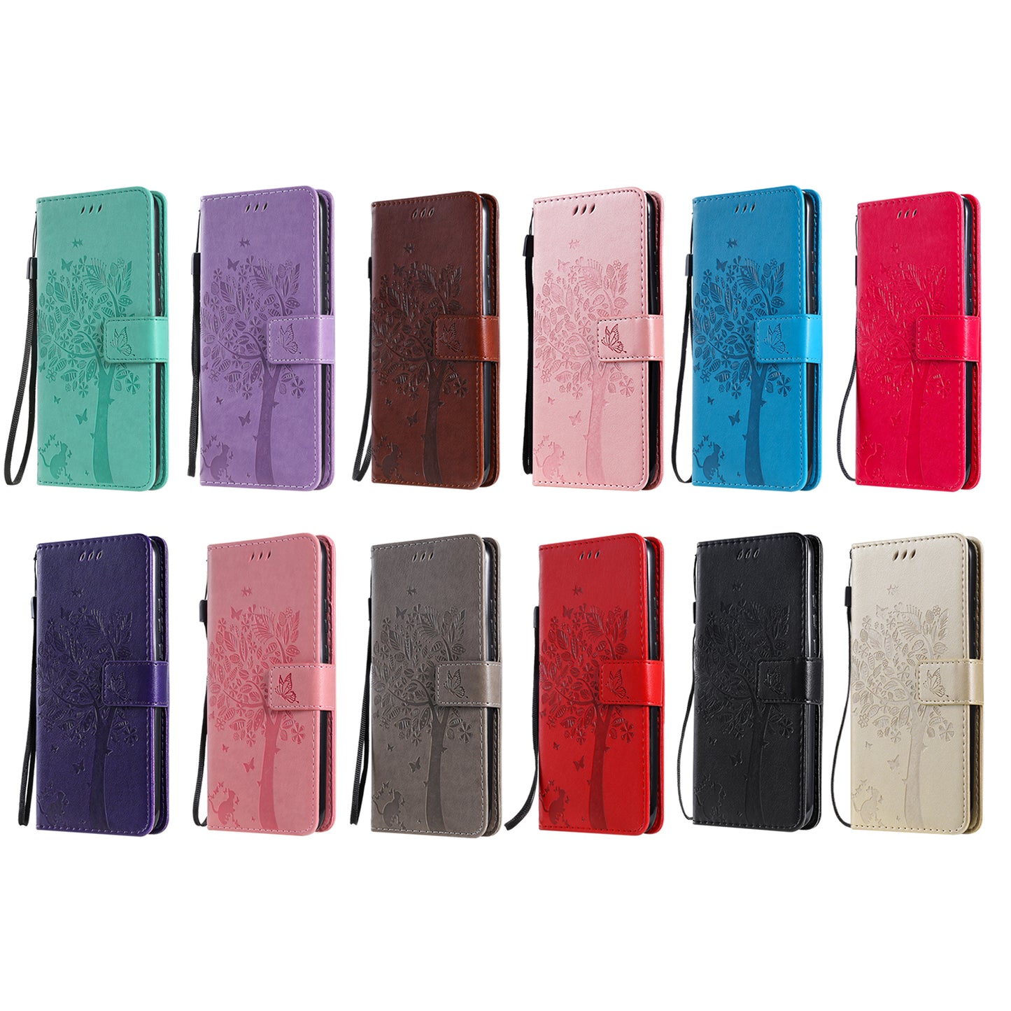 KT Imprinting Flower Series-3 Cat and Tree Pattern Imprinted Wallet Flip Cover PU Leather Stand Magnetic Clasp Shockproof Protection Case for Huawei nova 9 / Honor 50