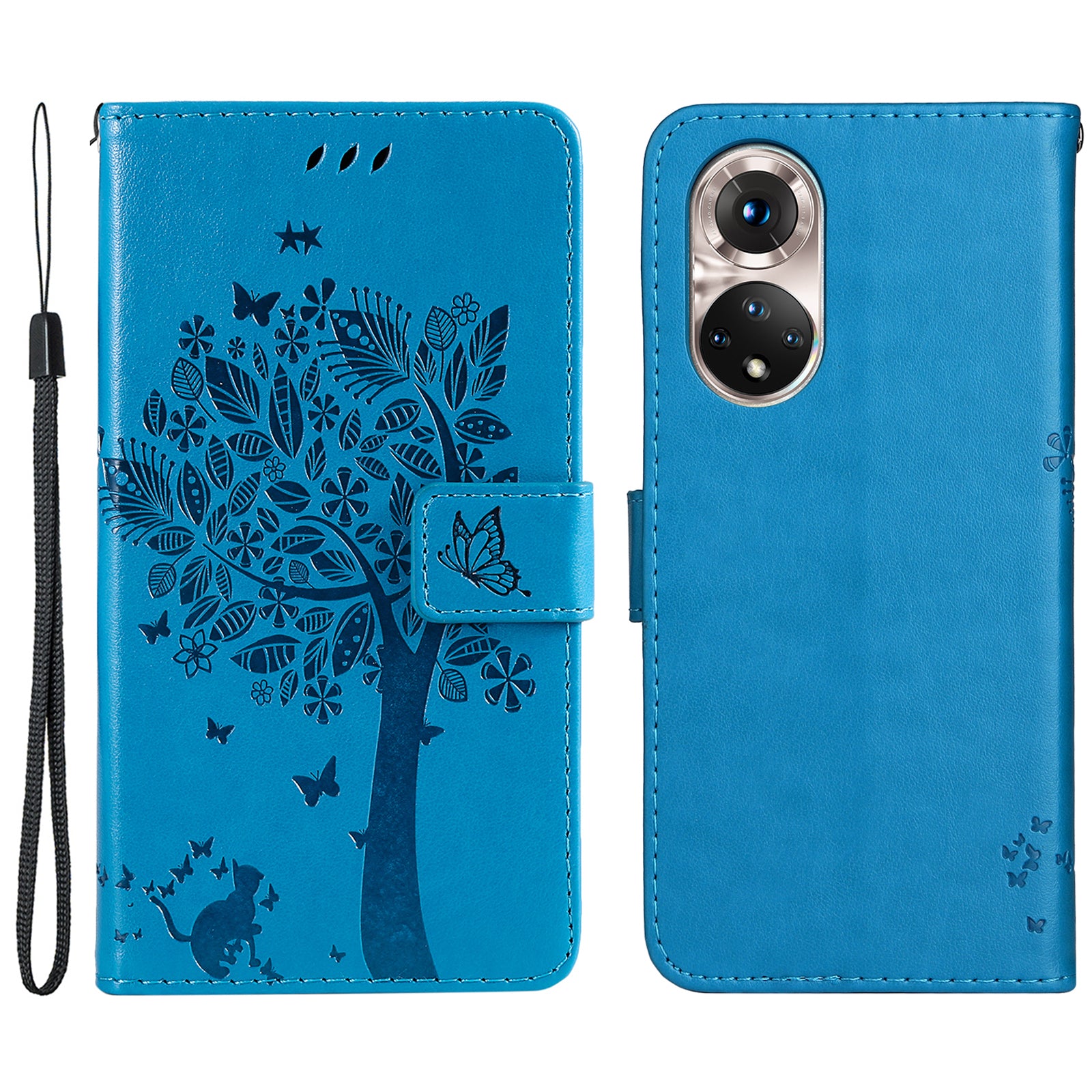 KT Imprinting Flower Series-3 Cat and Tree Pattern Imprinted Wallet Flip Cover PU Leather Stand Magnetic Clasp Shockproof Protection Case for Huawei nova 9 / Honor 50