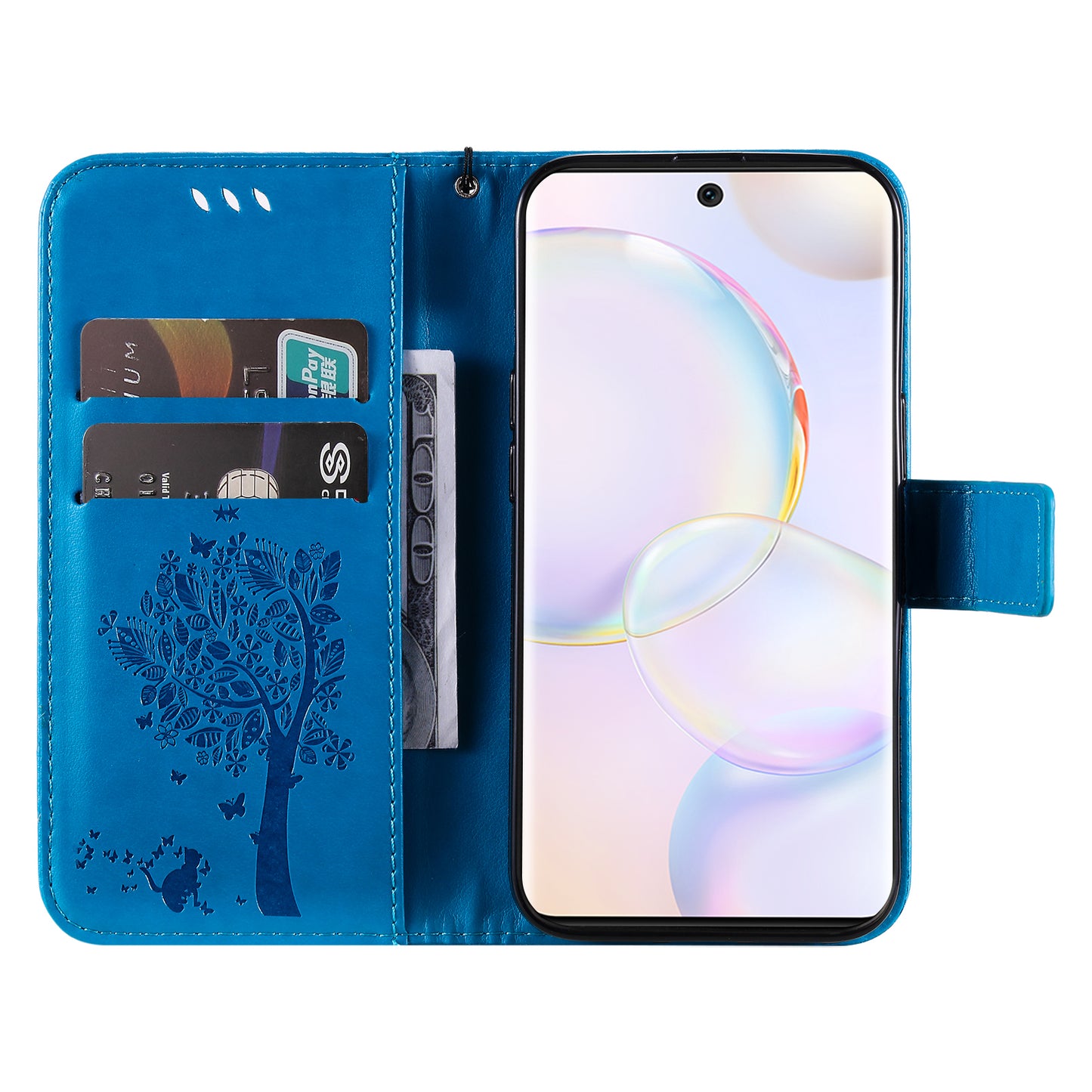 KT Imprinting Flower Series-3 Cat and Tree Pattern Imprinted Wallet Flip Cover PU Leather Stand Magnetic Clasp Shockproof Protection Case for Huawei nova 9 / Honor 50