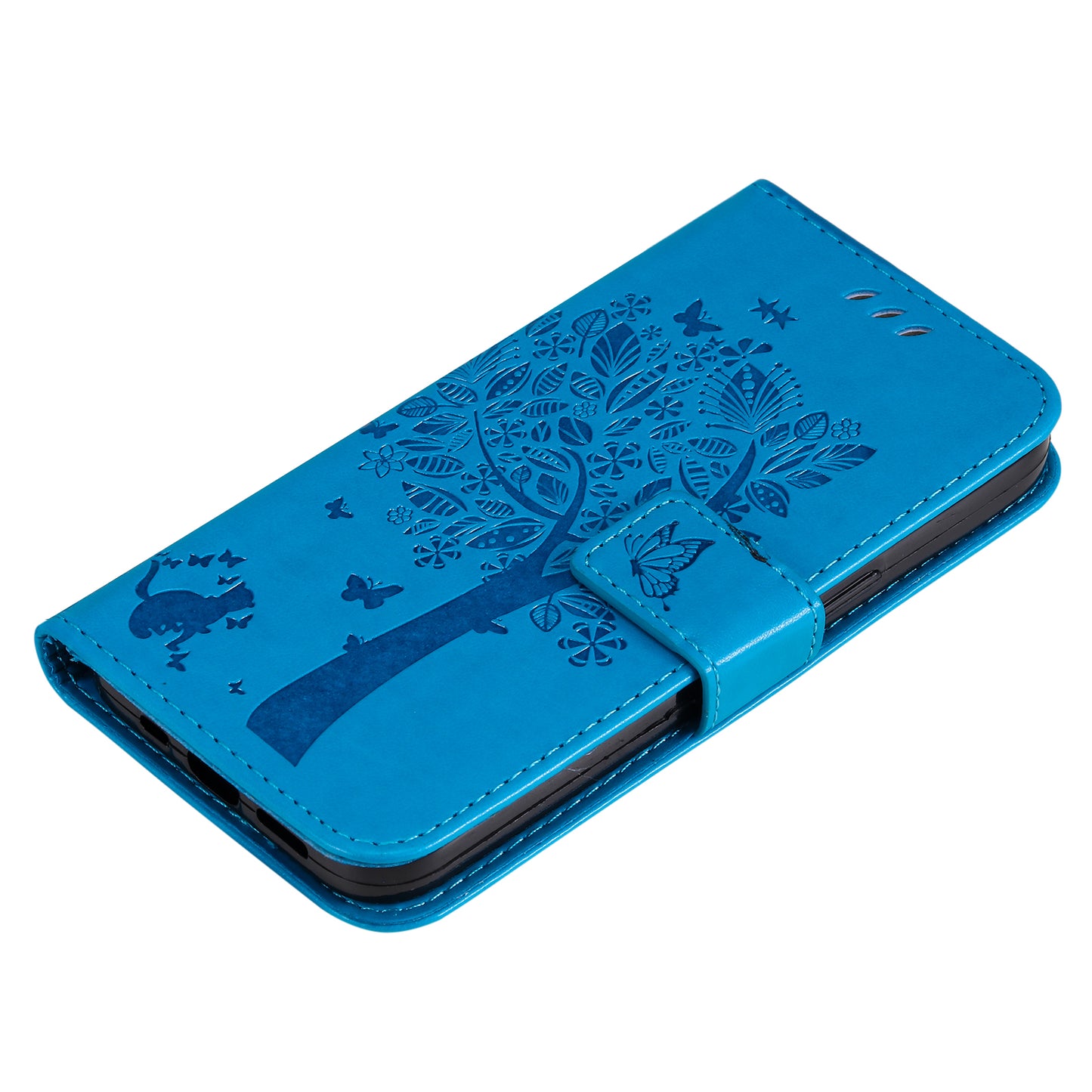 KT Imprinting Flower Series-3 Cat and Tree Pattern Imprinted Wallet Flip Cover PU Leather Stand Magnetic Clasp Shockproof Protection Case for Huawei nova 9 / Honor 50
