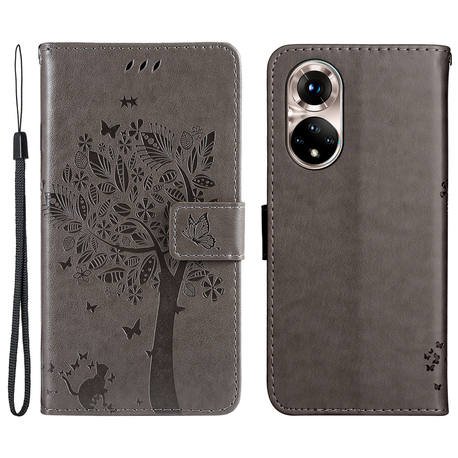 KT Imprinting Flower Series-3 Cat and Tree Pattern Imprinted Wallet Flip Cover PU Leather Stand Magnetic Clasp Shockproof Protection Case for Huawei nova 9 / Honor 50