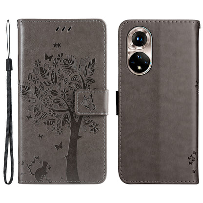 KT Imprinting Flower Series-3 Cat and Tree Pattern Imprinted Wallet Flip Cover PU Leather Stand Magnetic Clasp Shockproof Protection Case for Huawei nova 9 / Honor 50