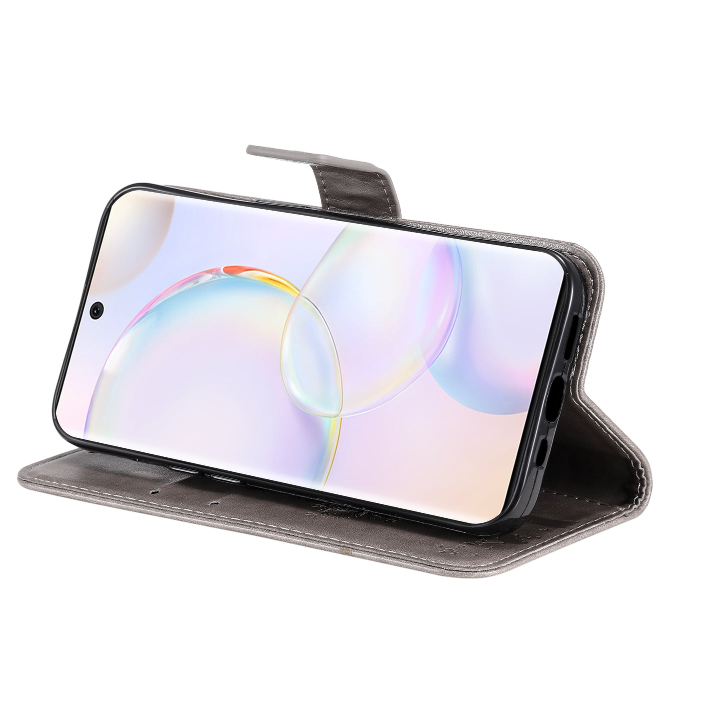 KT Imprinting Flower Series-3 Cat and Tree Pattern Imprinted Wallet Flip Cover PU Leather Stand Magnetic Clasp Shockproof Protection Case for Huawei nova 9 / Honor 50