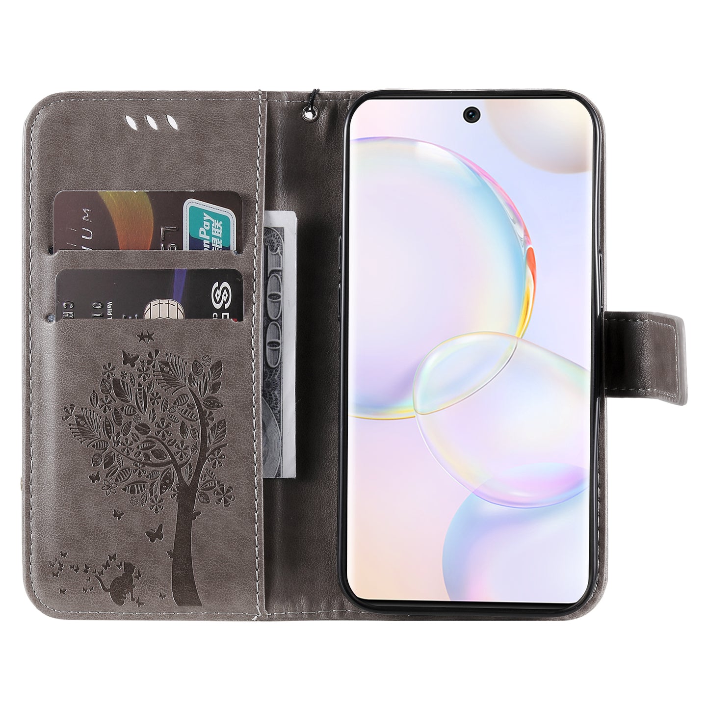 KT Imprinting Flower Series-3 Cat and Tree Pattern Imprinted Wallet Flip Cover PU Leather Stand Magnetic Clasp Shockproof Protection Case for Huawei nova 9 / Honor 50