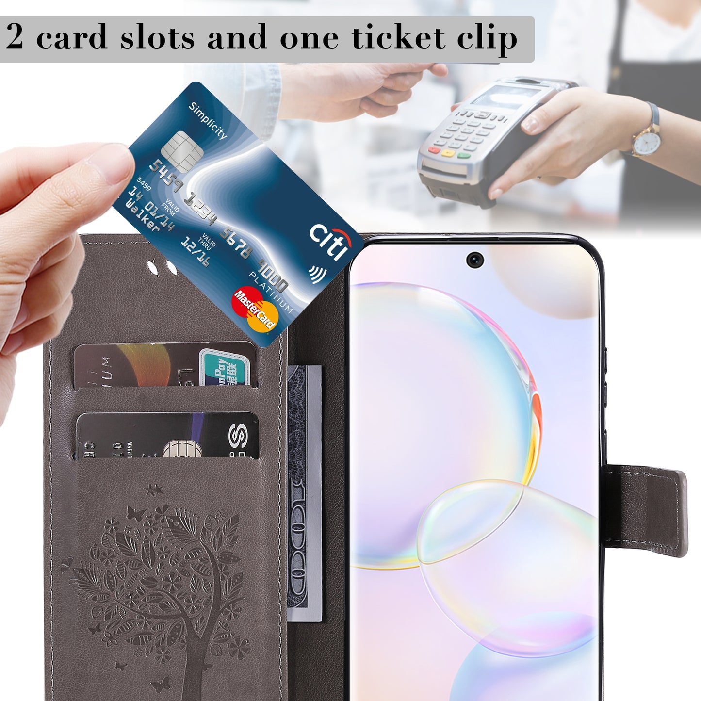 KT Imprinting Flower Series-3 Cat and Tree Pattern Imprinted Wallet Flip Cover PU Leather Stand Magnetic Clasp Shockproof Protection Case for Huawei nova 9 / Honor 50