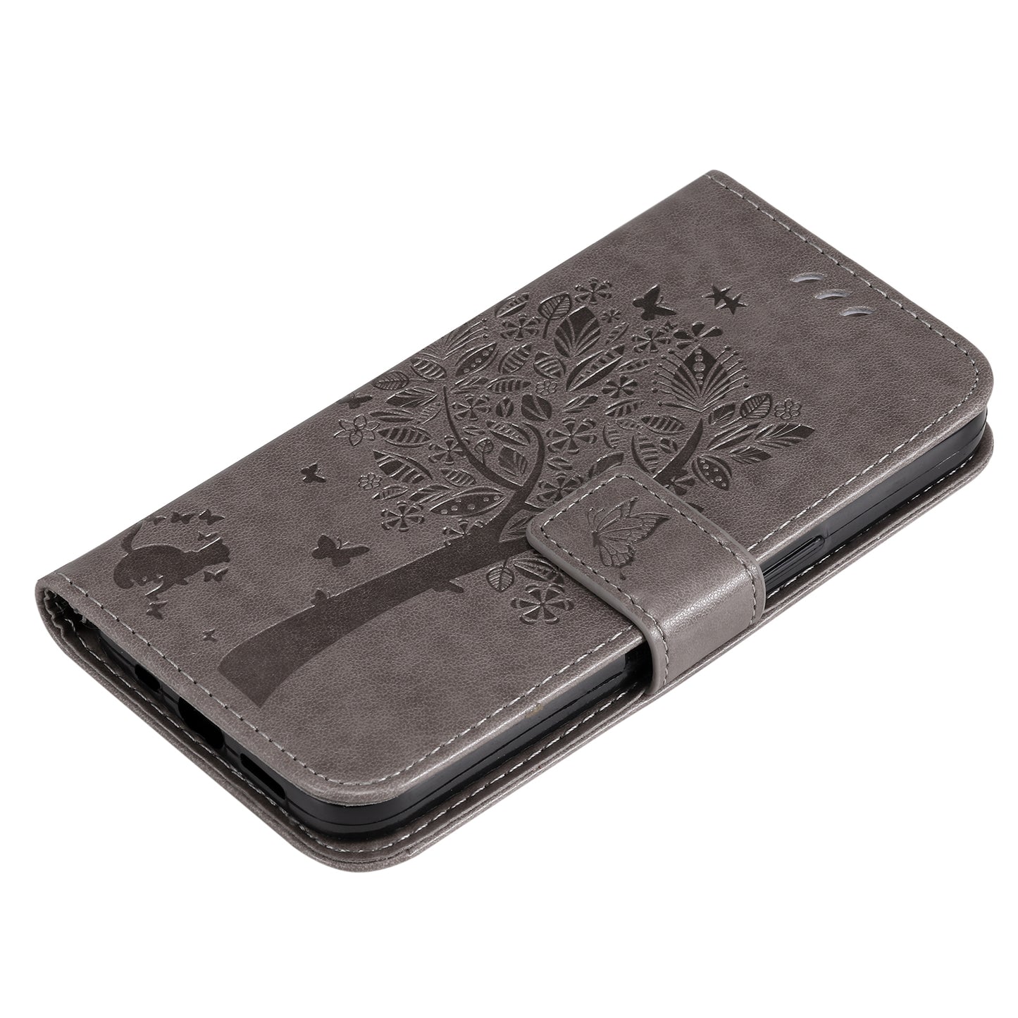 KT Imprinting Flower Series-3 Cat and Tree Pattern Imprinted Wallet Flip Cover PU Leather Stand Magnetic Clasp Shockproof Protection Case for Huawei nova 9 / Honor 50