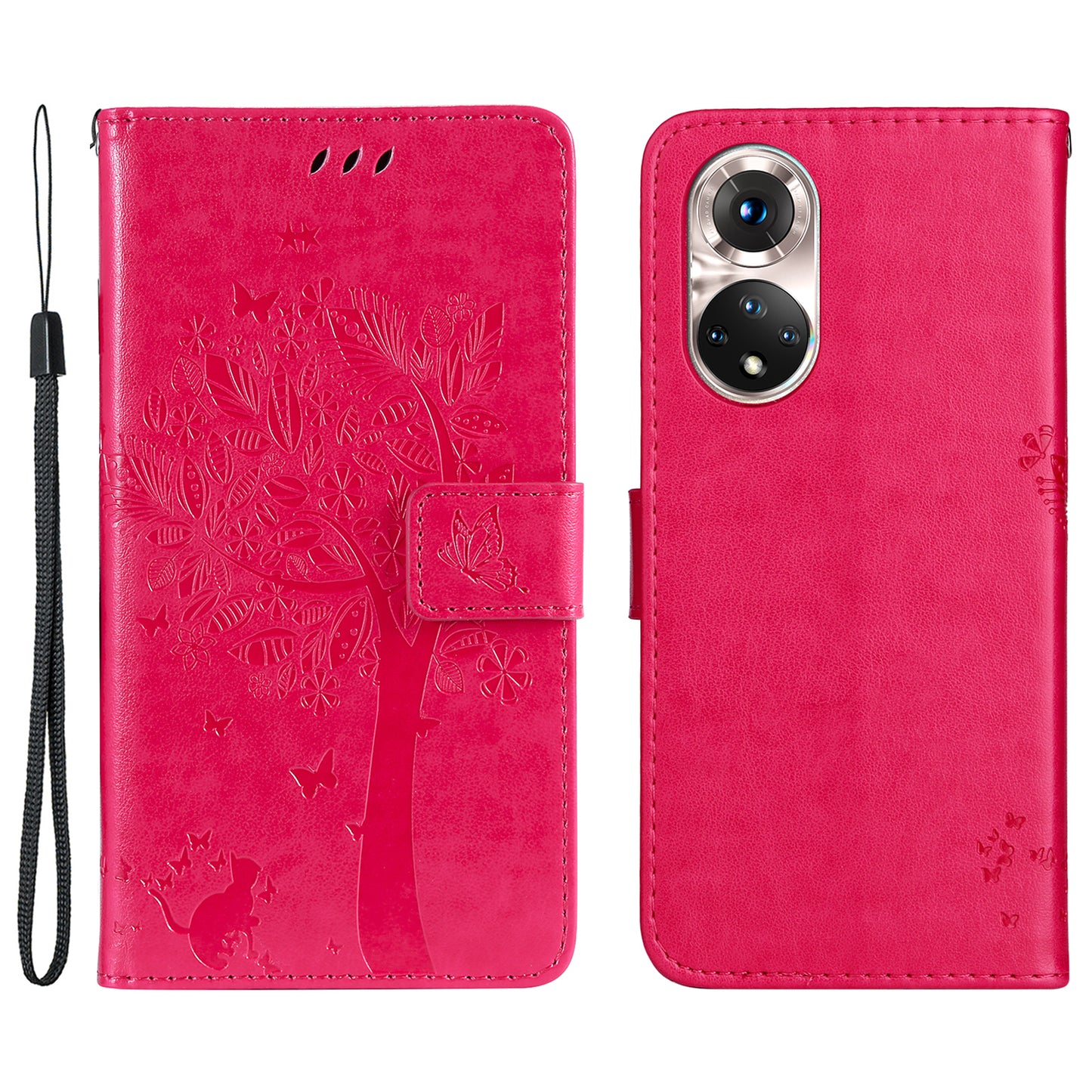 KT Imprinting Flower Series-3 Cat and Tree Pattern Imprinted Wallet Flip Cover PU Leather Stand Magnetic Clasp Shockproof Protection Case for Huawei nova 9 / Honor 50