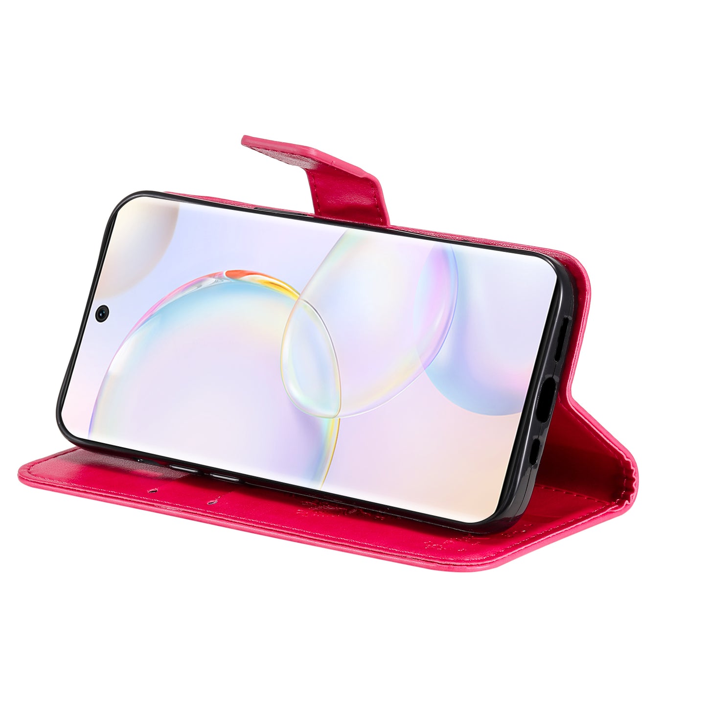KT Imprinting Flower Series-3 Cat and Tree Pattern Imprinted Wallet Flip Cover PU Leather Stand Magnetic Clasp Shockproof Protection Case for Huawei nova 9 / Honor 50
