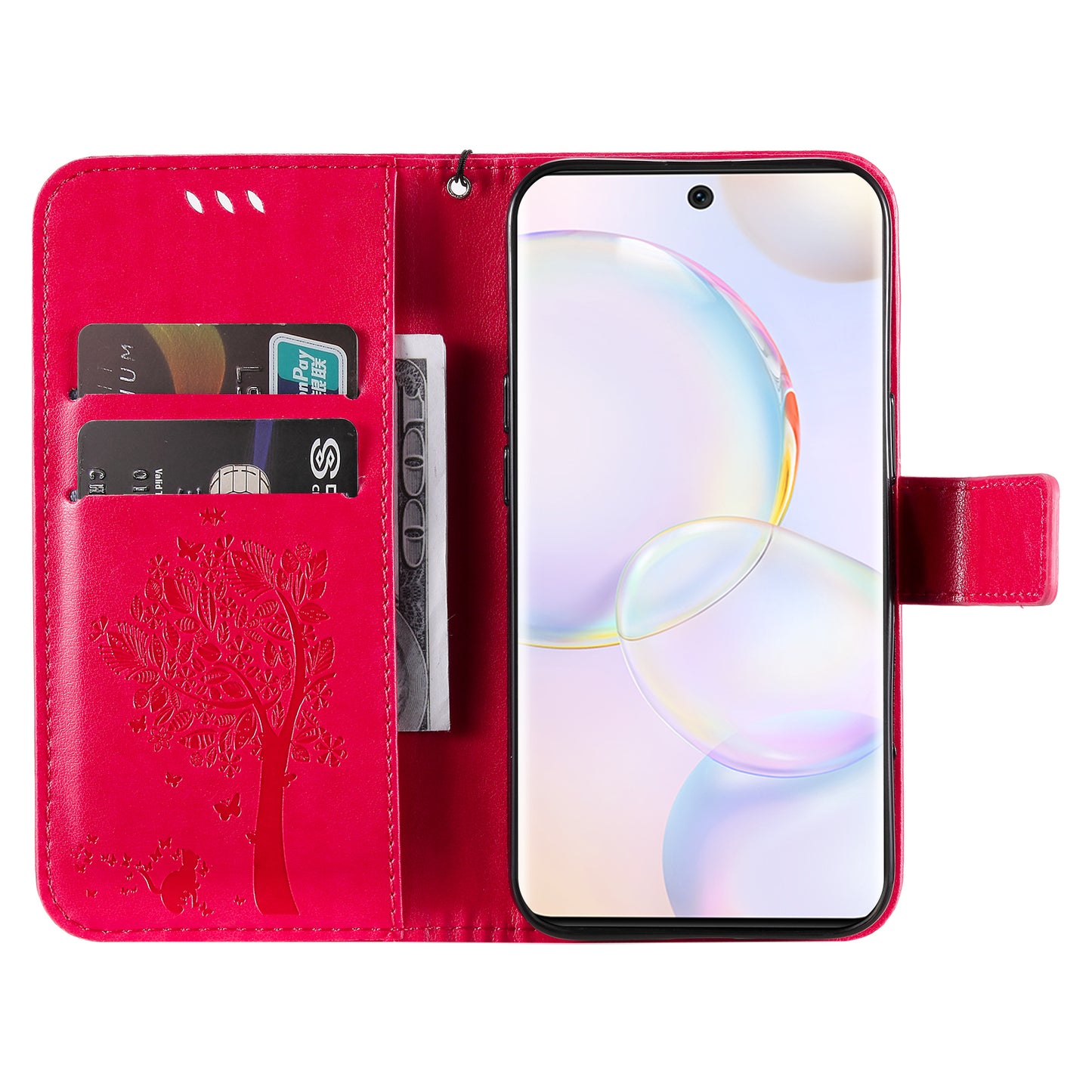 KT Imprinting Flower Series-3 Cat and Tree Pattern Imprinted Wallet Flip Cover PU Leather Stand Magnetic Clasp Shockproof Protection Case for Huawei nova 9 / Honor 50