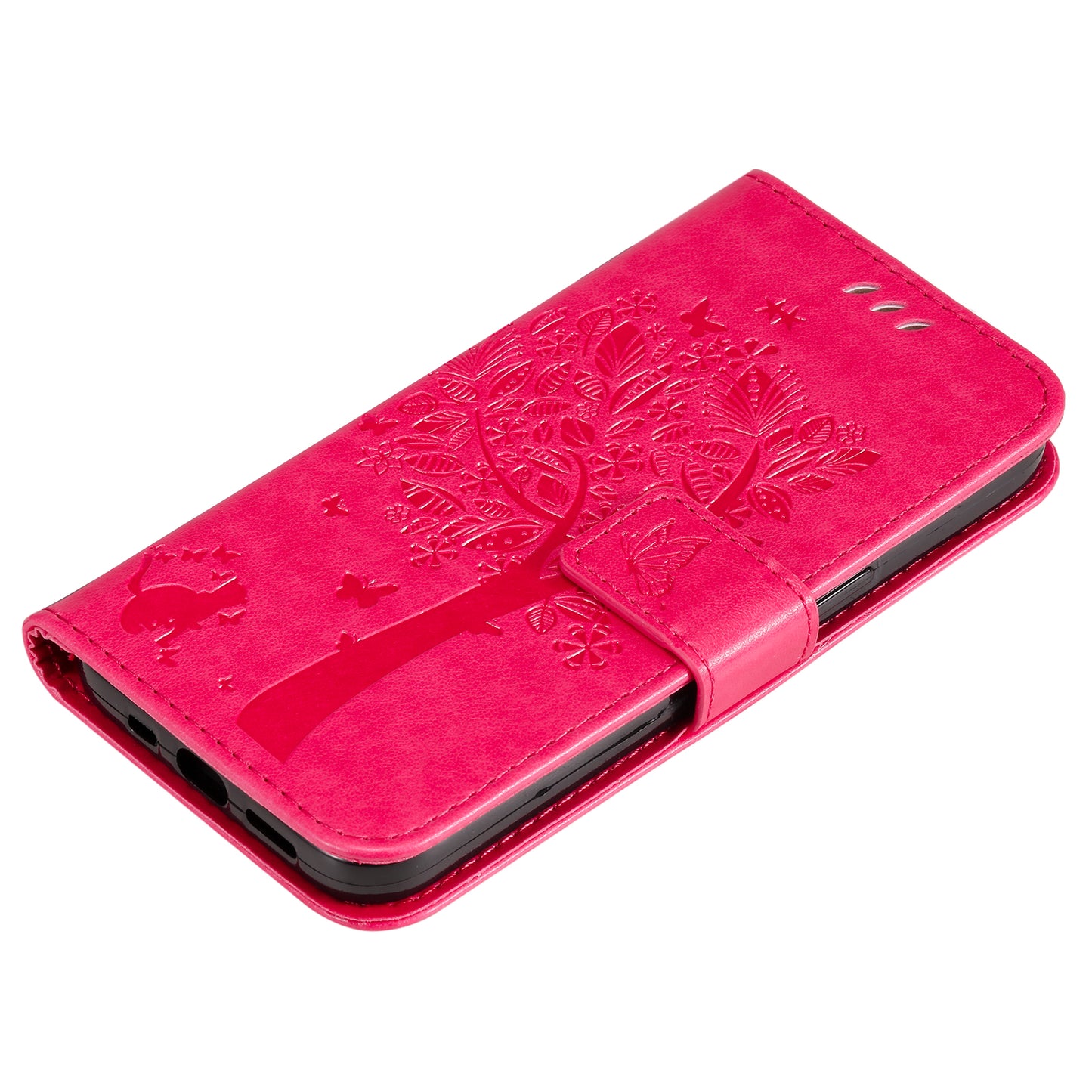 KT Imprinting Flower Series-3 Cat and Tree Pattern Imprinted Wallet Flip Cover PU Leather Stand Magnetic Clasp Shockproof Protection Case for Huawei nova 9 / Honor 50