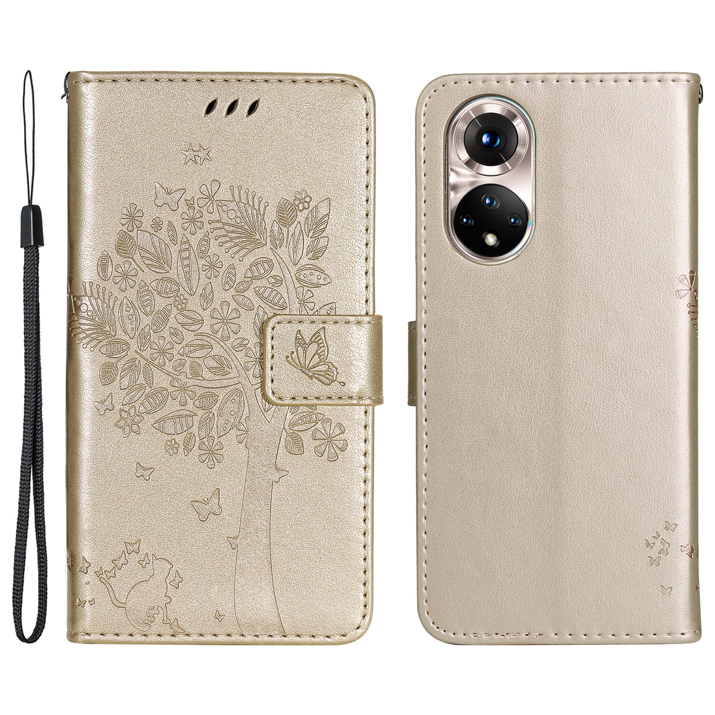 KT Imprinting Flower Series-3 Cat and Tree Pattern Imprinted Wallet Flip Cover PU Leather Stand Magnetic Clasp Shockproof Protection Case for Huawei nova 9 / Honor 50