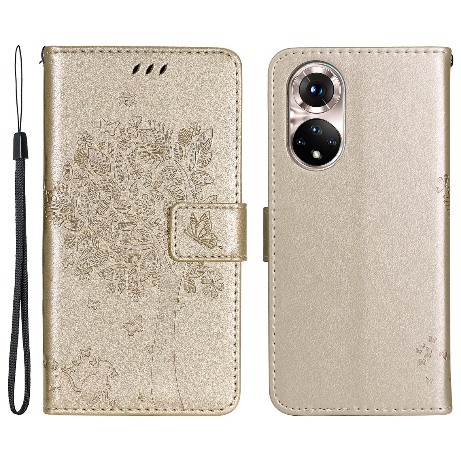 KT Imprinting Flower Series-3 Cat and Tree Pattern Imprinted Wallet Flip Cover PU Leather Stand Magnetic Clasp Shockproof Protection Case for Huawei nova 9 / Honor 50