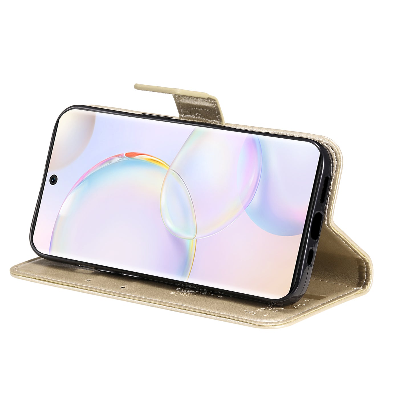 KT Imprinting Flower Series-3 Cat and Tree Pattern Imprinted Wallet Flip Cover PU Leather Stand Magnetic Clasp Shockproof Protection Case for Huawei nova 9 / Honor 50