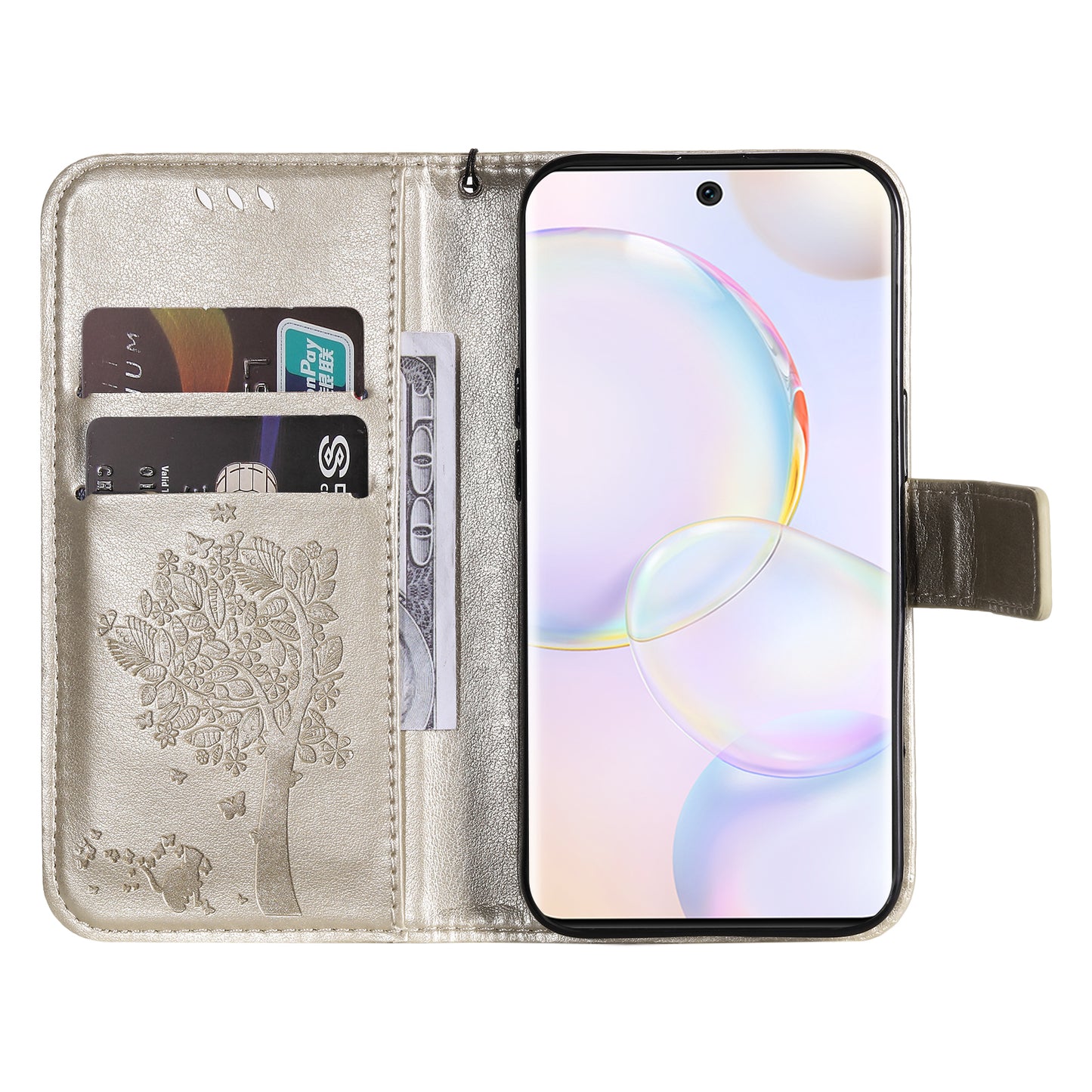 KT Imprinting Flower Series-3 Cat and Tree Pattern Imprinted Wallet Flip Cover PU Leather Stand Magnetic Clasp Shockproof Protection Case for Huawei nova 9 / Honor 50