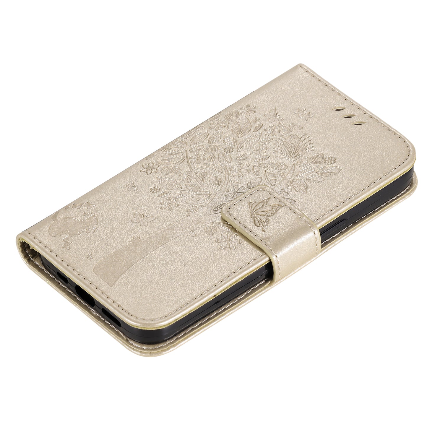 KT Imprinting Flower Series-3 Cat and Tree Pattern Imprinted Wallet Flip Cover PU Leather Stand Magnetic Clasp Shockproof Protection Case for Huawei nova 9 / Honor 50