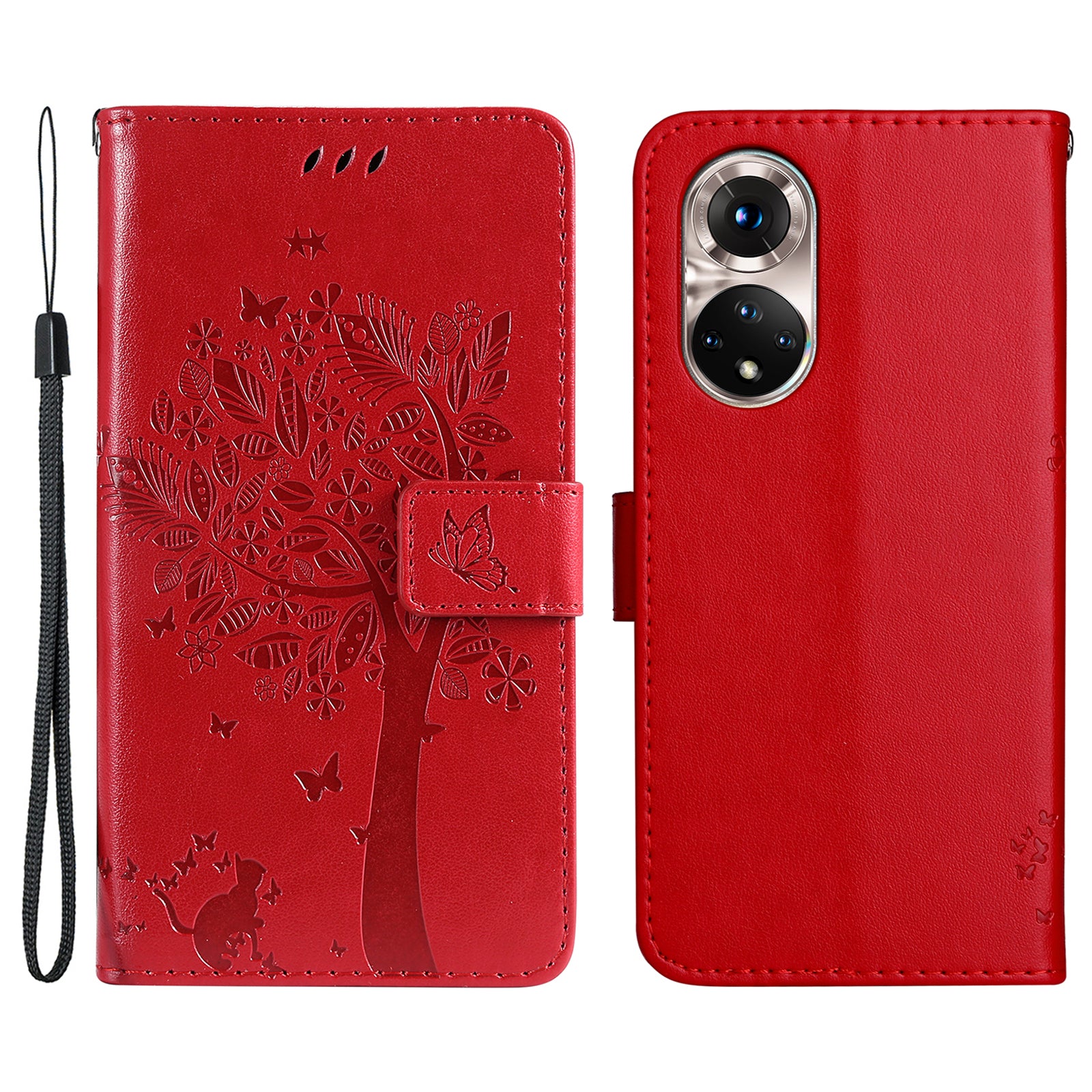KT Imprinting Flower Series-3 Cat and Tree Pattern Imprinted Wallet Flip Cover PU Leather Stand Magnetic Clasp Shockproof Protection Case for Huawei nova 9 / Honor 50