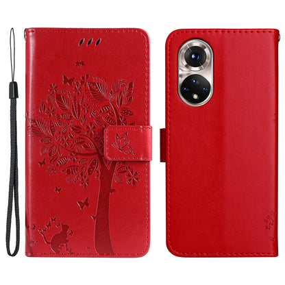 KT Imprinting Flower Series-3 Cat and Tree Pattern Imprinted Wallet Flip Cover PU Leather Stand Magnetic Clasp Shockproof Protection Case for Huawei nova 9 / Honor 50
