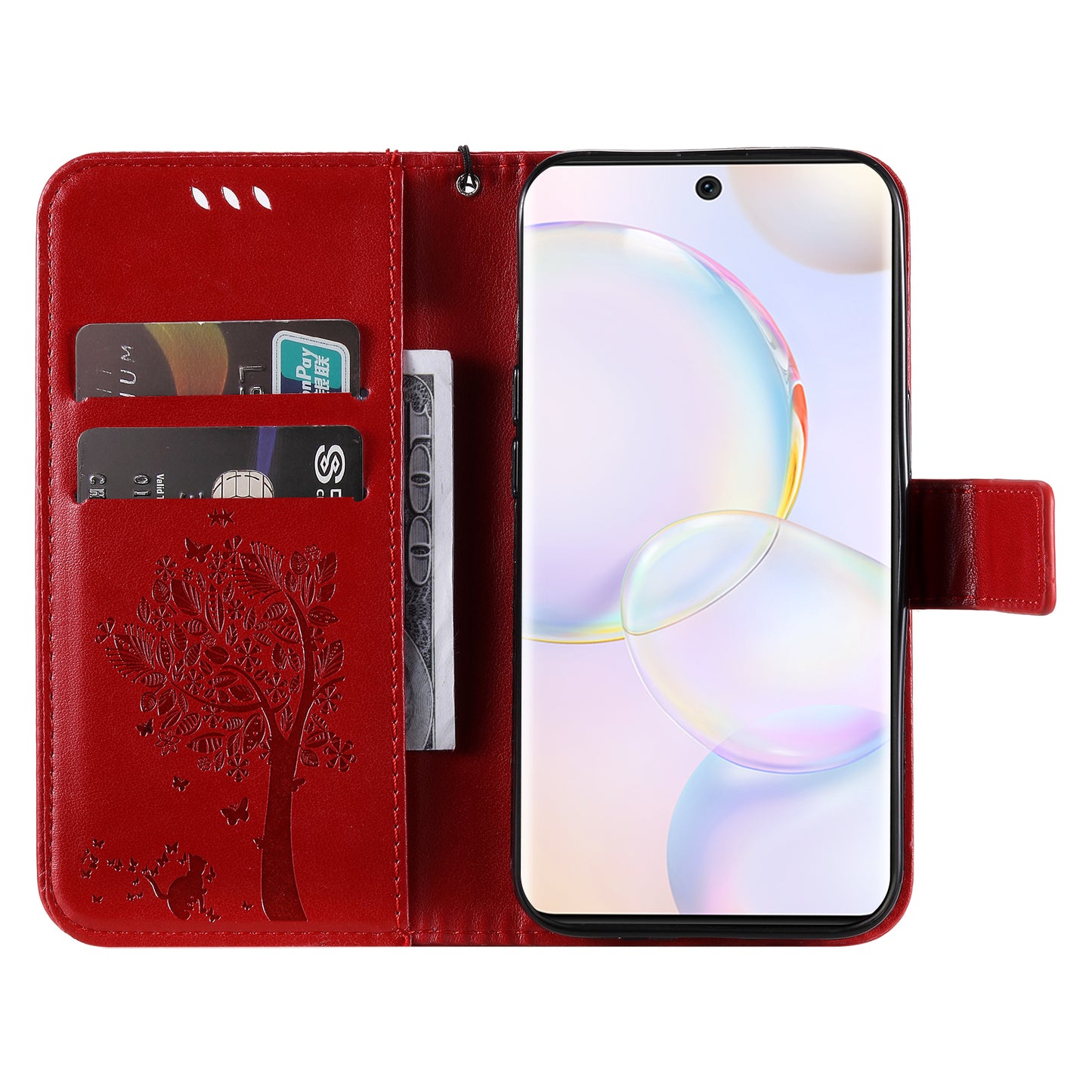 KT Imprinting Flower Series-3 Cat and Tree Pattern Imprinted Wallet Flip Cover PU Leather Stand Magnetic Clasp Shockproof Protection Case for Huawei nova 9 / Honor 50