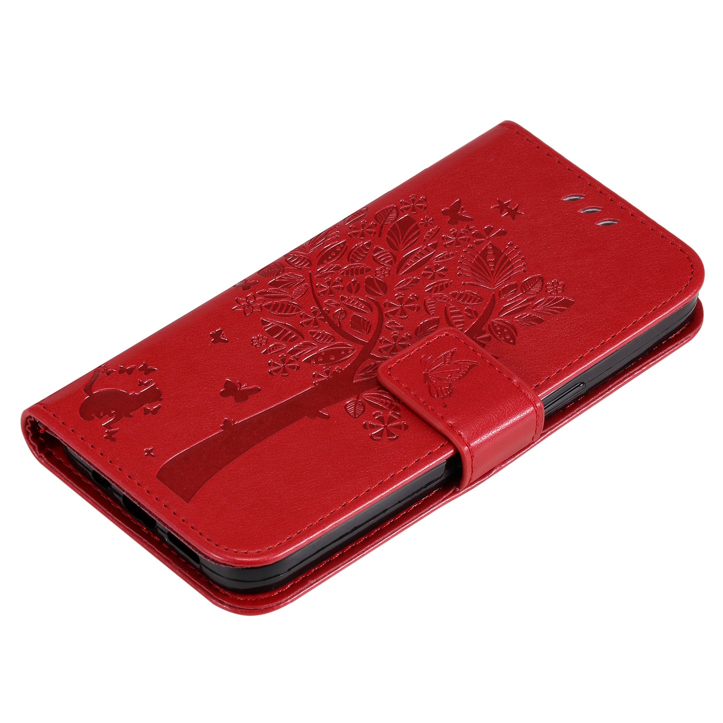 KT Imprinting Flower Series-3 Cat and Tree Pattern Imprinted Wallet Flip Cover PU Leather Stand Magnetic Clasp Shockproof Protection Case for Huawei nova 9 / Honor 50
